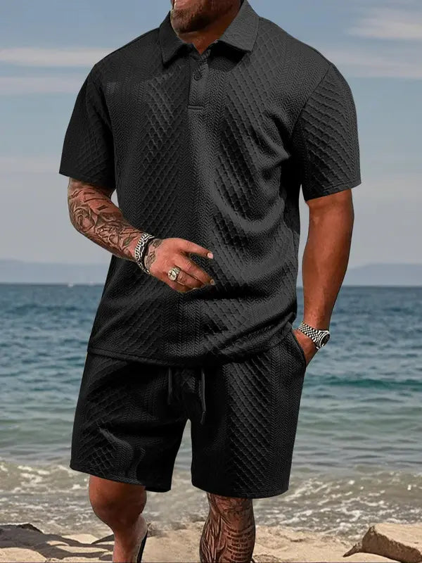 Men's Solid Shortsleeve Polo Shirt & Drawstring Waist Shorts Set