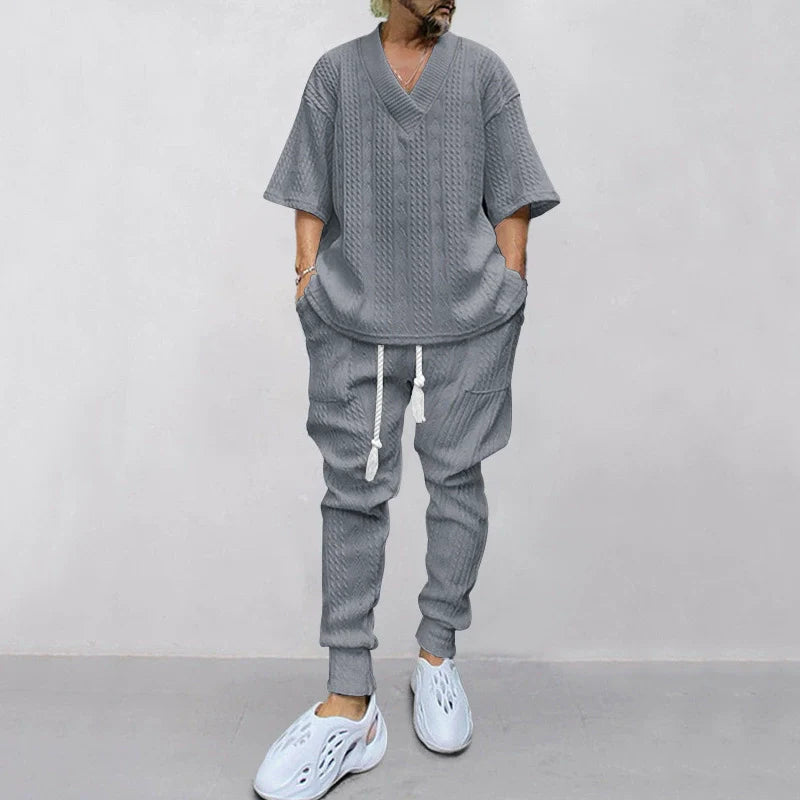 Men's Solid Jacquard Drop Shoulder V Neck Top & Drawstring Waist Pants Set