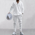 Men's Solid Jacquard Drop Shoulder V Neck Top & Drawstring Waist Pants Set