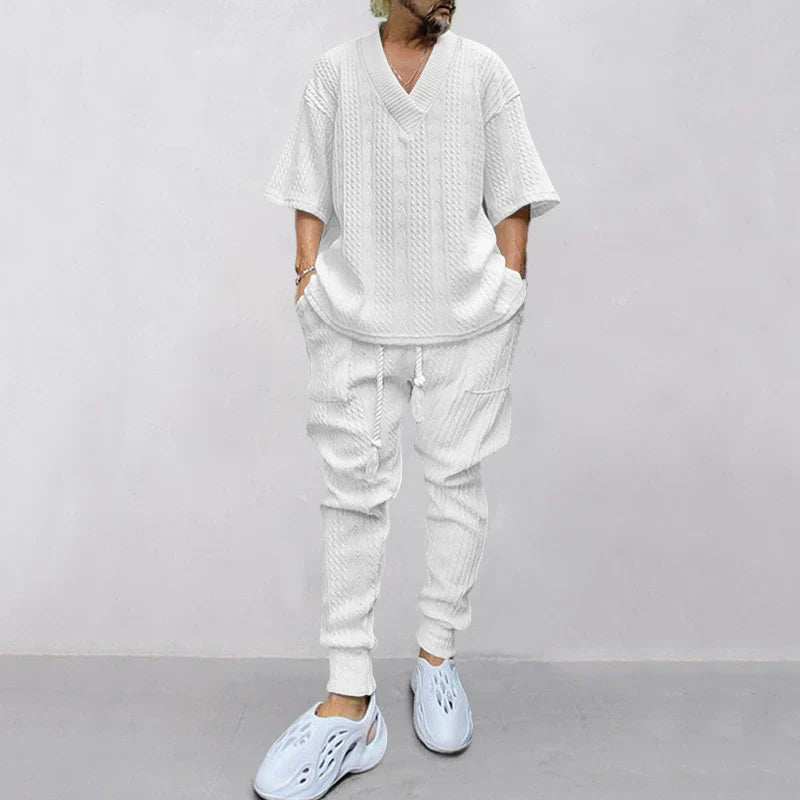 Men's Solid Jacquard Drop Shoulder V Neck Top & Drawstring Waist Pants Set