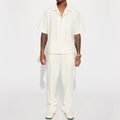Men's Solid Color Short Sleeve Single-Breasted Shirt And Relaxed Fit Pants Set