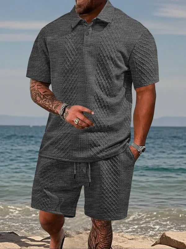 Men's Solid Shortsleeve Polo Shirt & Drawstring Waist Shorts Set